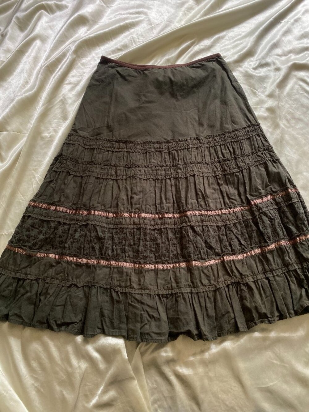Vintage y2k Delia's Gray Khaki Boho Tiered Midi Skirt Fairycore M Cotton